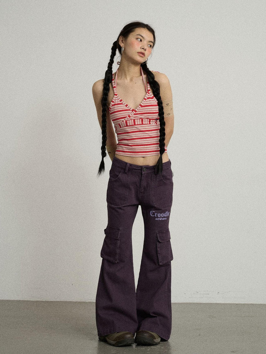 Achihara Floor Sweeping Wide Leg Pockets Zip Fly Women'S 100 Percent Cotton Cargo Pants