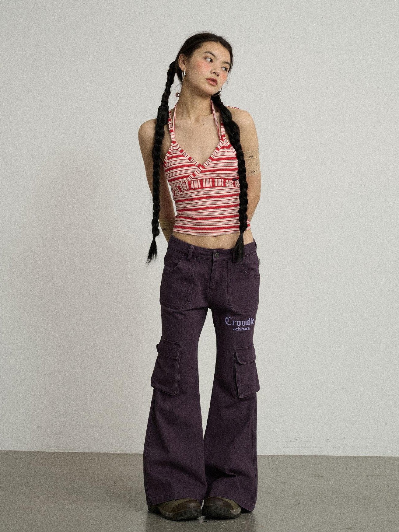 Achihara Floor Sweeping Wide Leg Pockets Zip Fly Women'S 100 Percent Cotton Cargo Pants