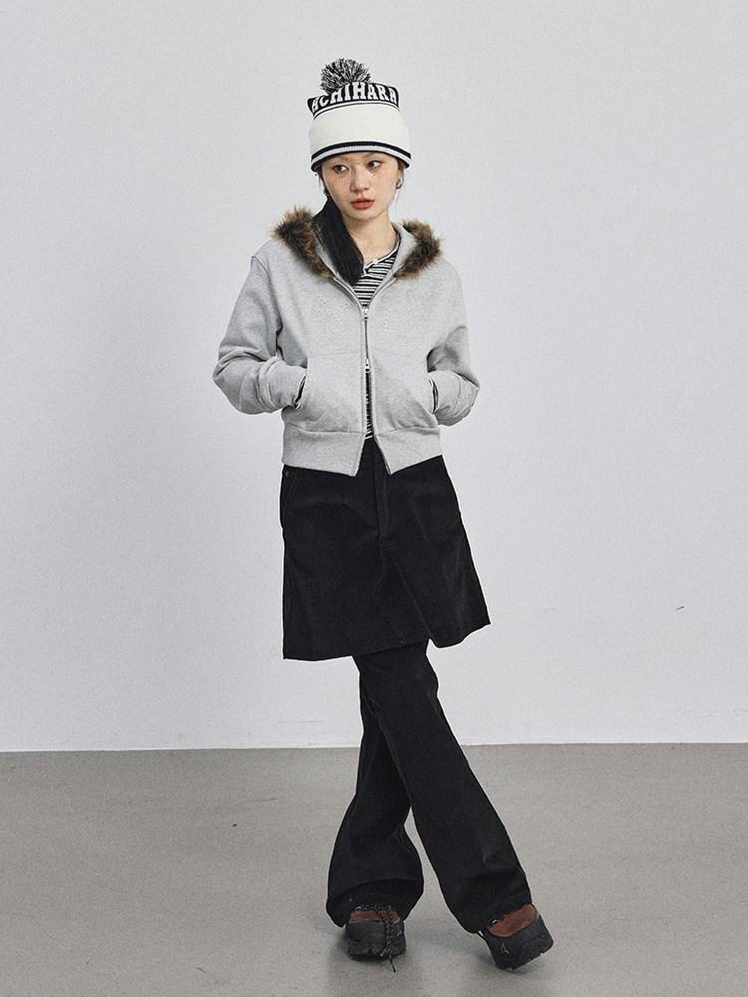 Achihara Fluffy Fur Patch Hooded Slim Short Women'S Cotton Fleece Lined Hoodies