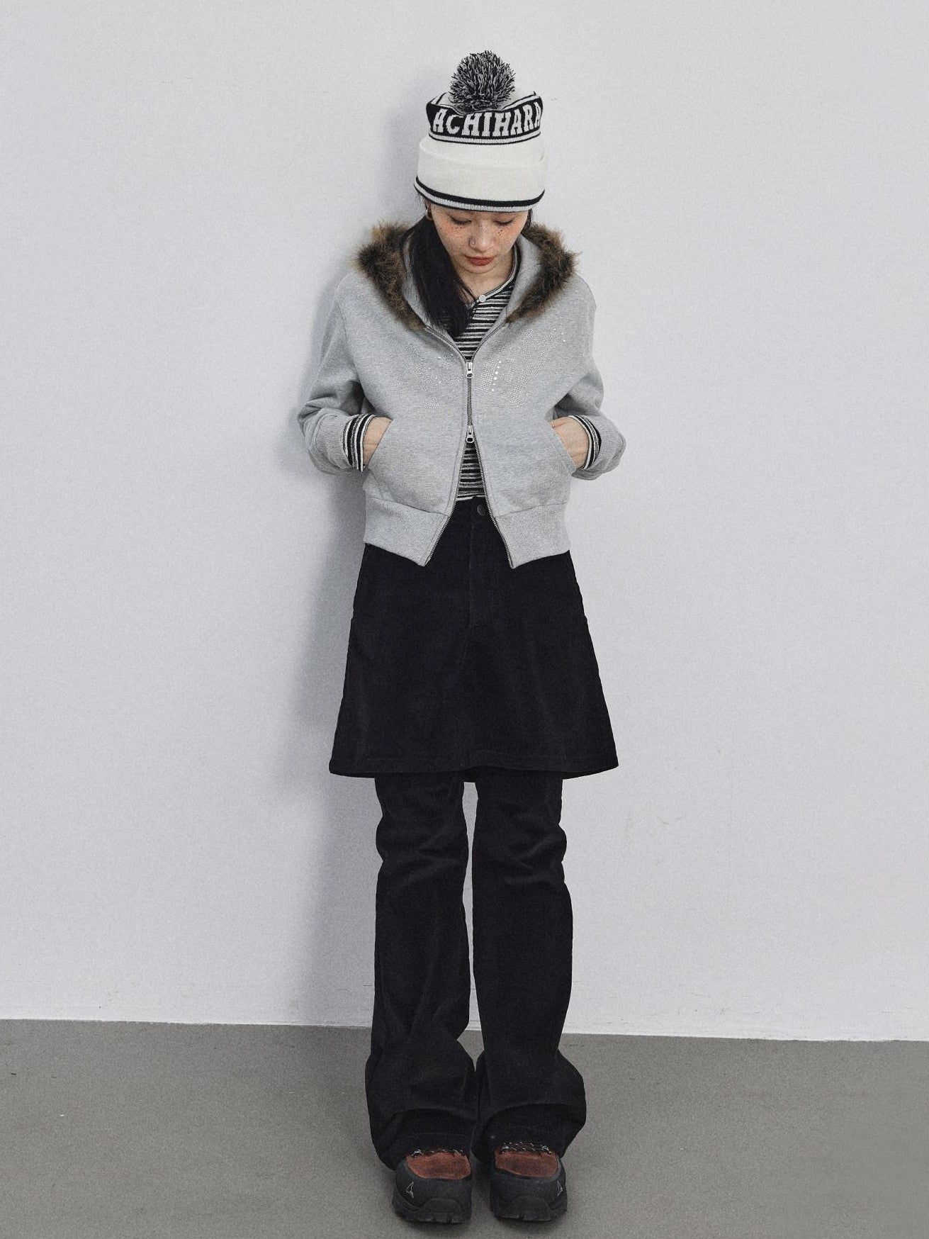 Achihara Fluffy Fur Patch Hooded Slim Short Women'S Cotton Fleece Lined Hoodies