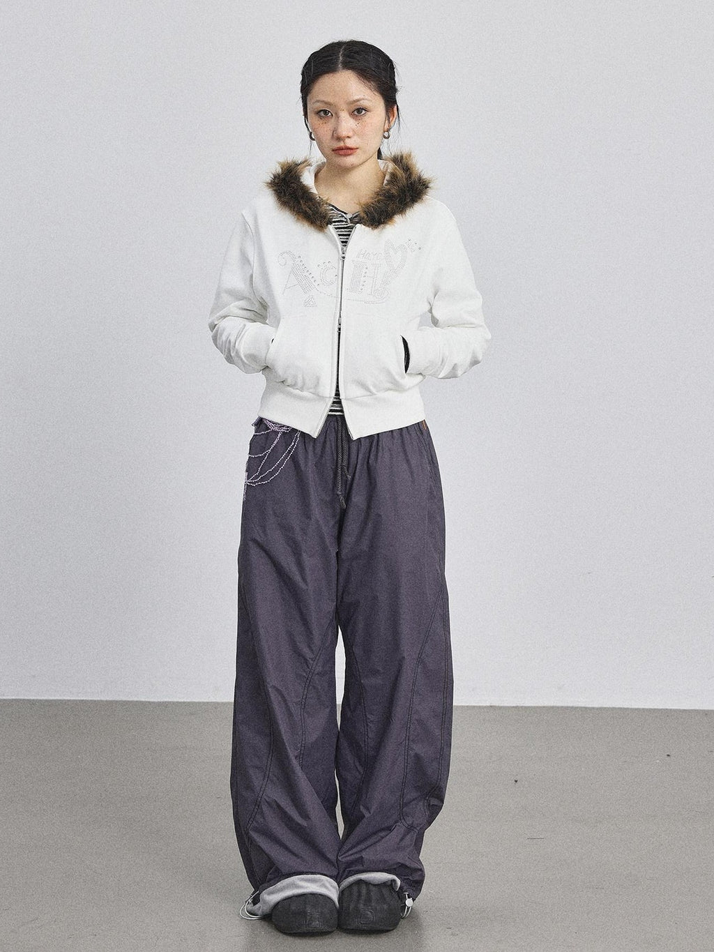 Achihara Fluffy Fur Patch Hooded Slim Short Women'S Cotton Fleece Lined Hoodies