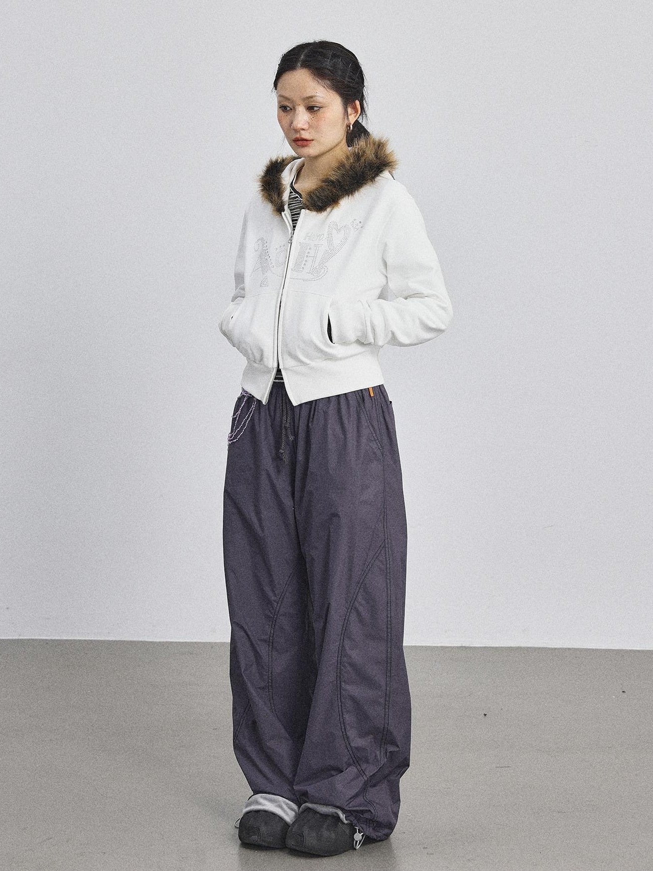 Achihara Fluffy Fur Patch Hooded Slim Short Women'S Cotton Fleece Lined Hoodies