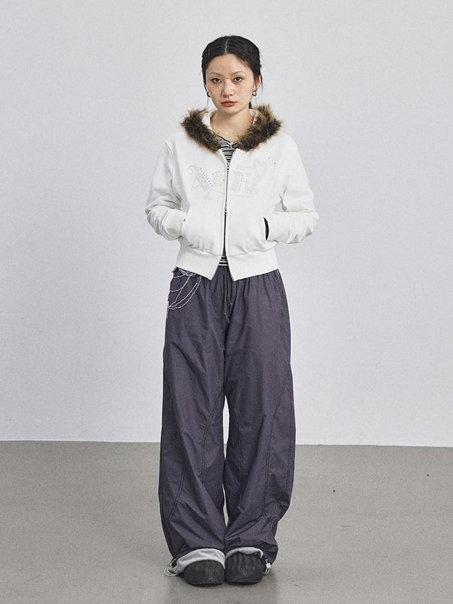 Achihara Fluffy Fur Patch Hooded Slim Short Women'S Cotton Fleece Lined Hoodies