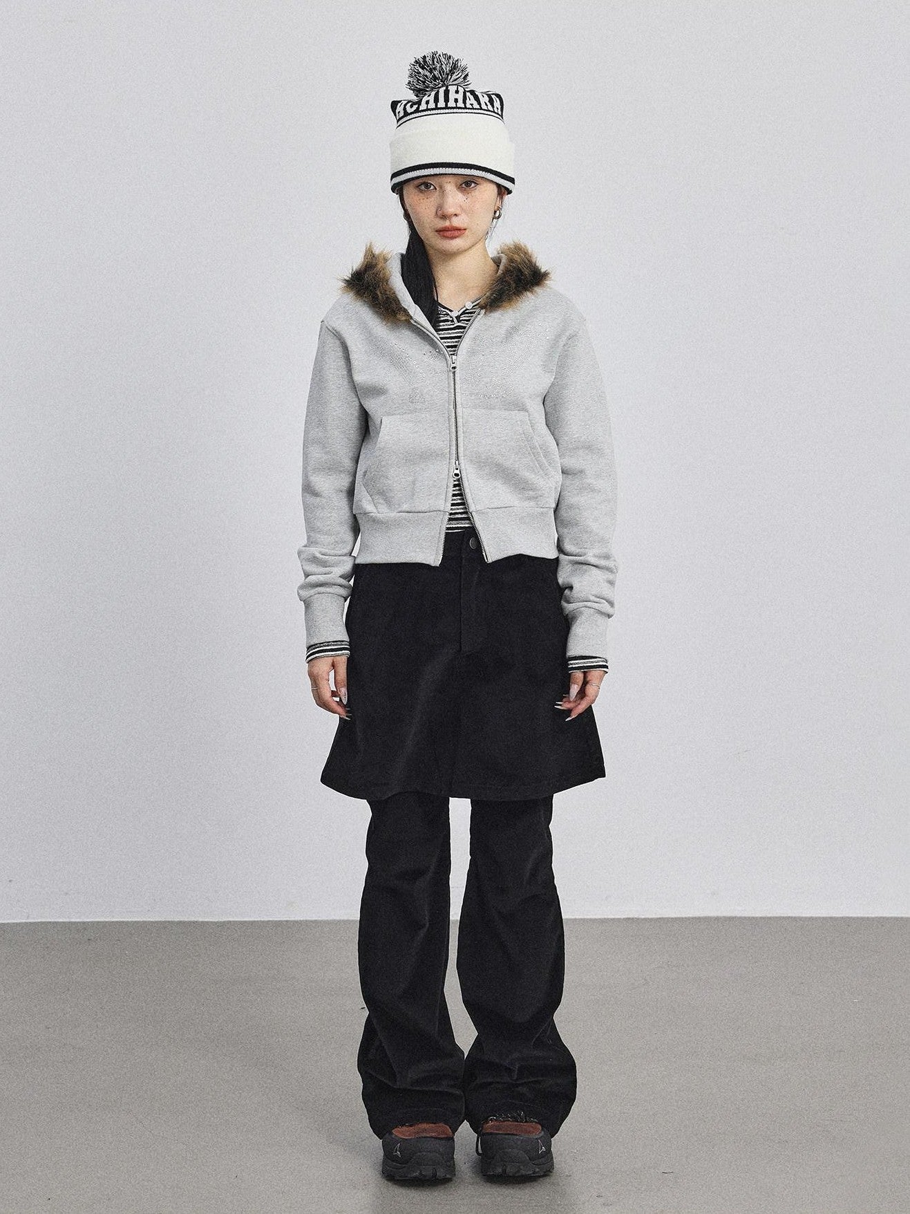 Achihara Fluffy Fur Patch Hooded Slim Short Women'S Cotton Fleece Lined Hoodies
