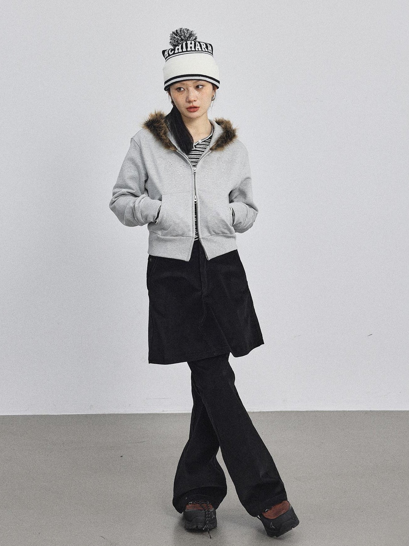 Achihara Fluffy Fur Patch Hooded Slim Short Women'S Cotton Fleece Lined Hoodies