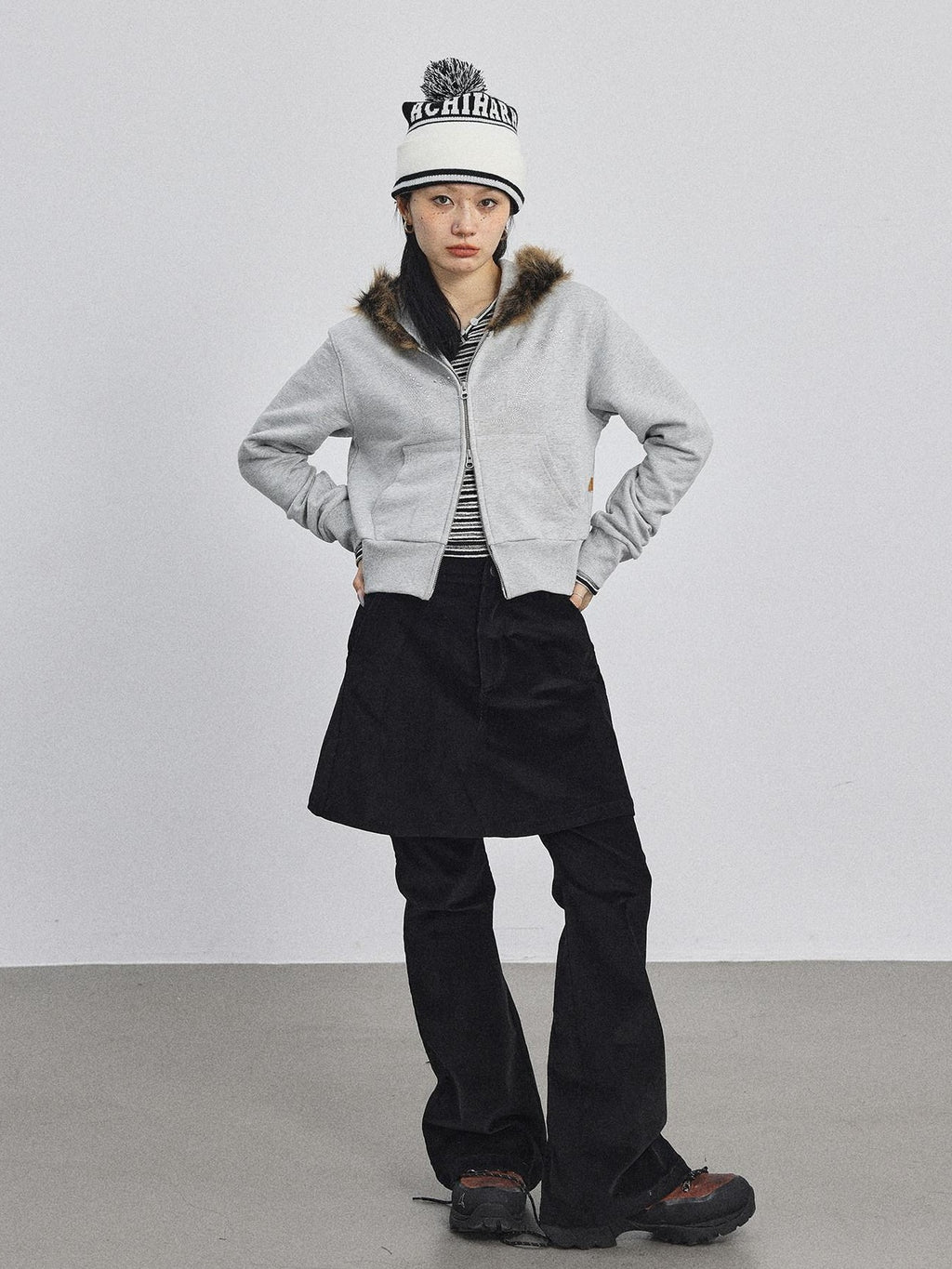 Achihara Fluffy Fur Patch Hooded Slim Short Women'S Cotton Fleece Lined Hoodies