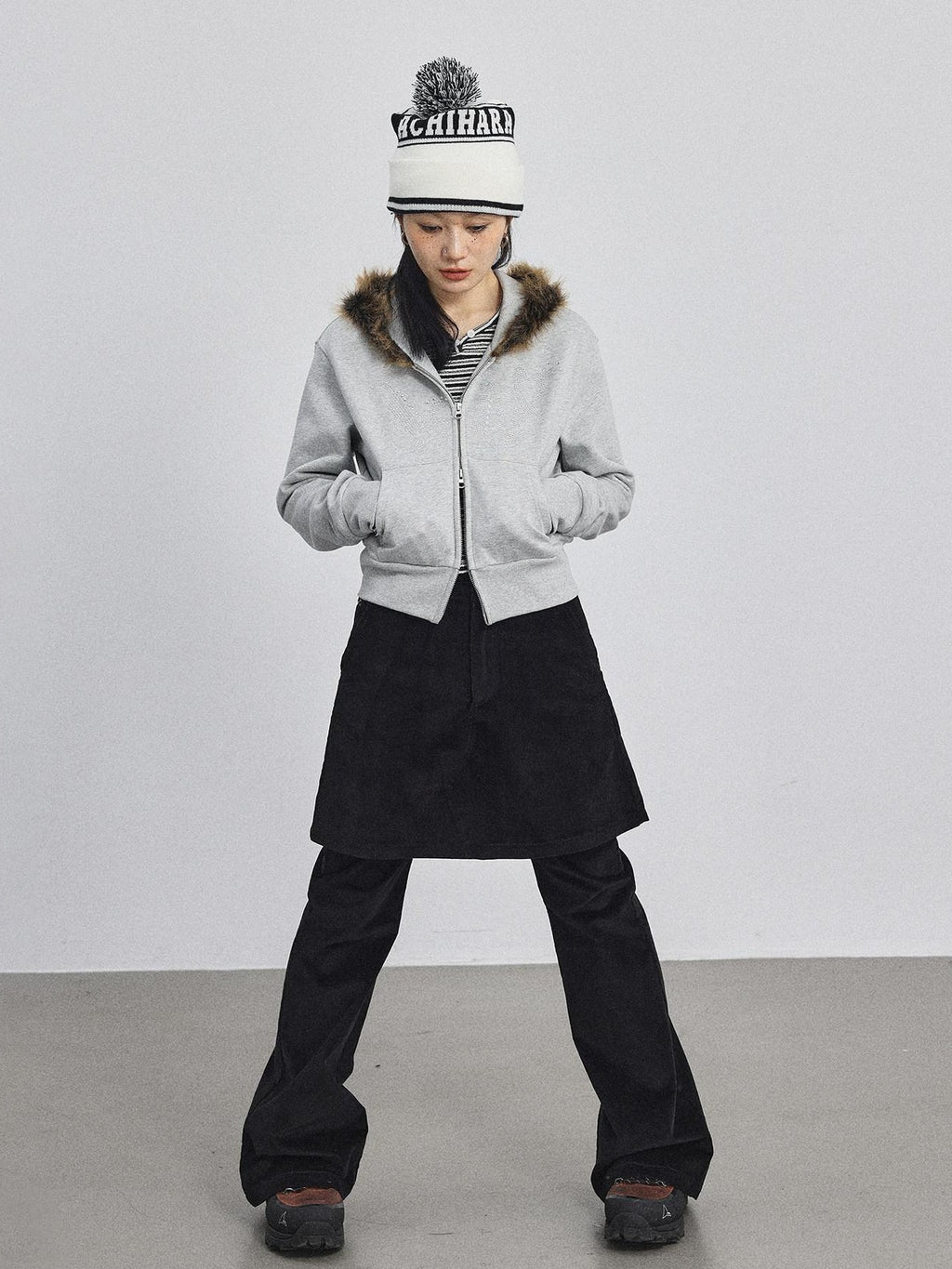 Achihara Fluffy Fur Patch Hooded Slim Short Women'S Cotton Fleece Lined Hoodies