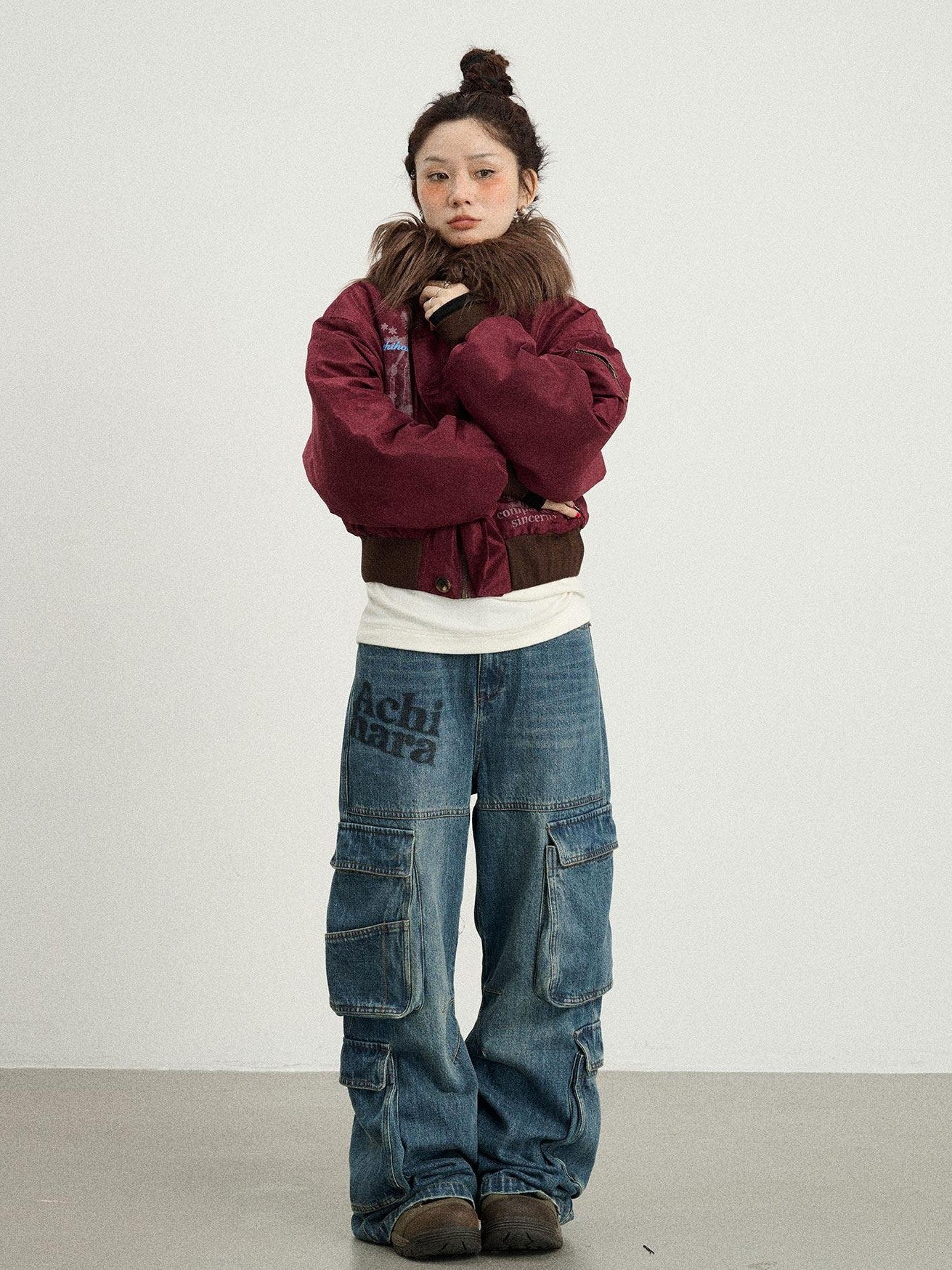 Achihara Fur Collar Hooded Zip Short Women'S Cotton Padded Puffer Jackets