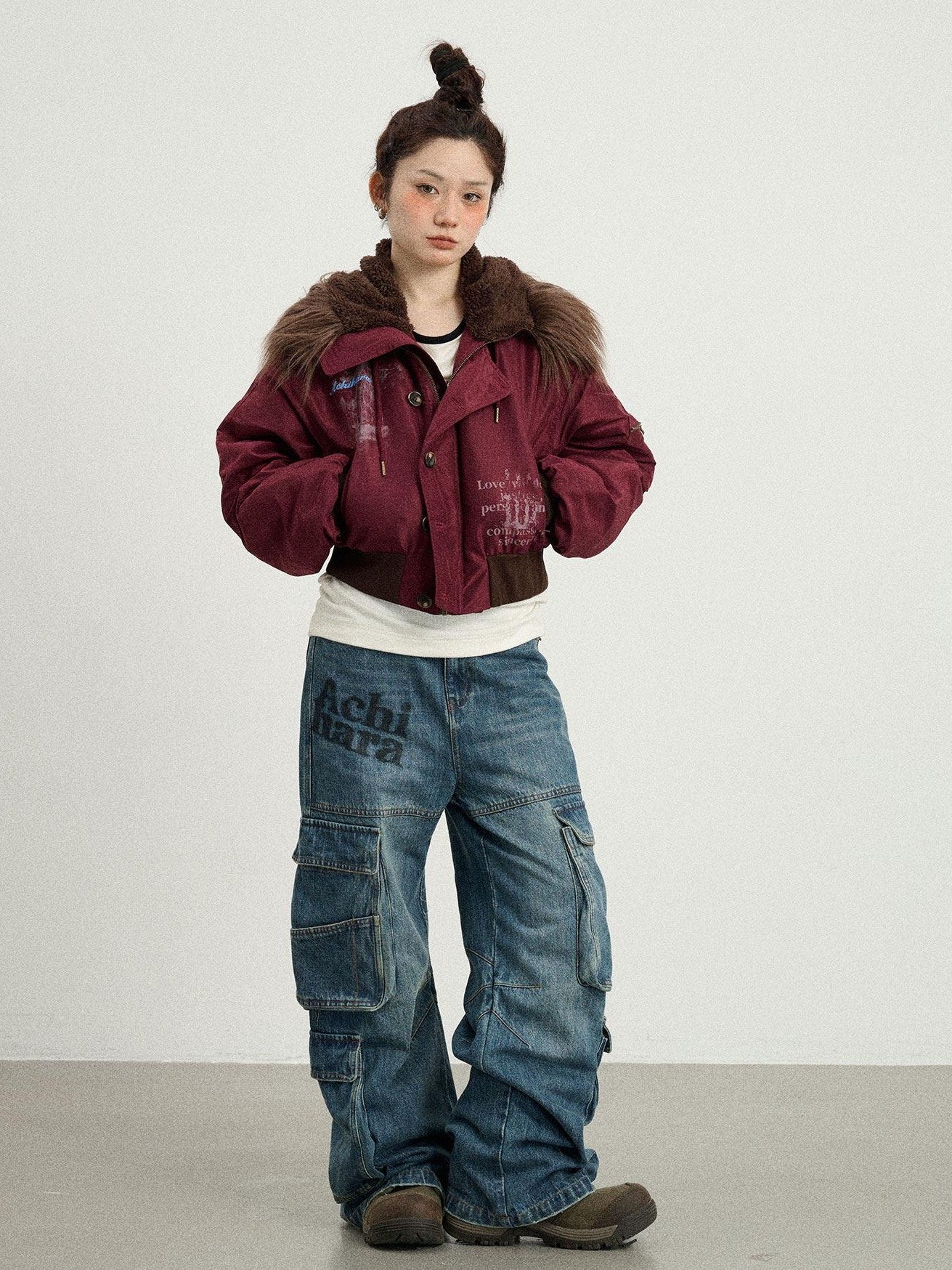 Achihara Fur Collar Hooded Zip Short Women'S Cotton Padded Puffer Jackets