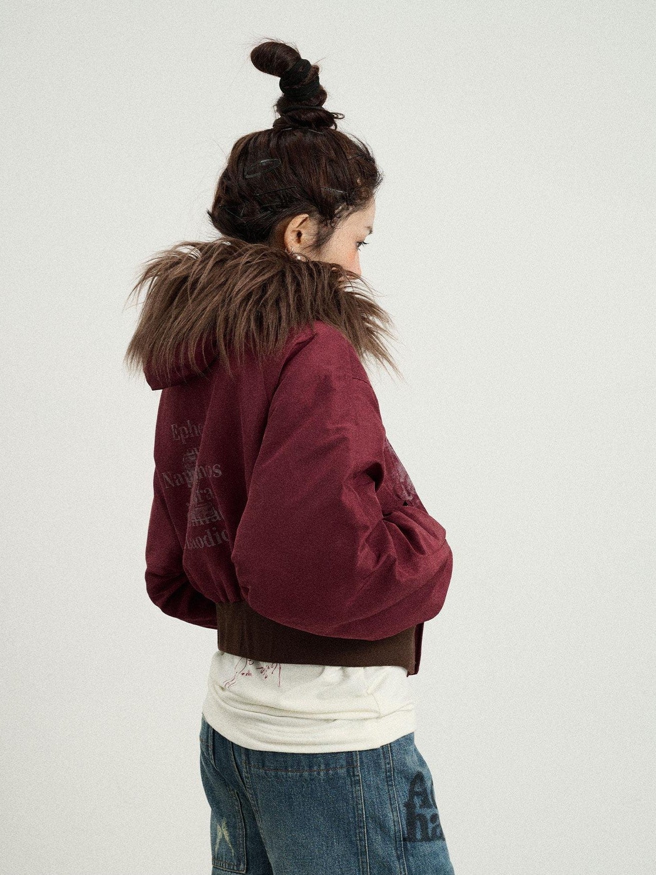 Achihara Fur Collar Hooded Zip Short Women'S Cotton Padded Puffer Jackets