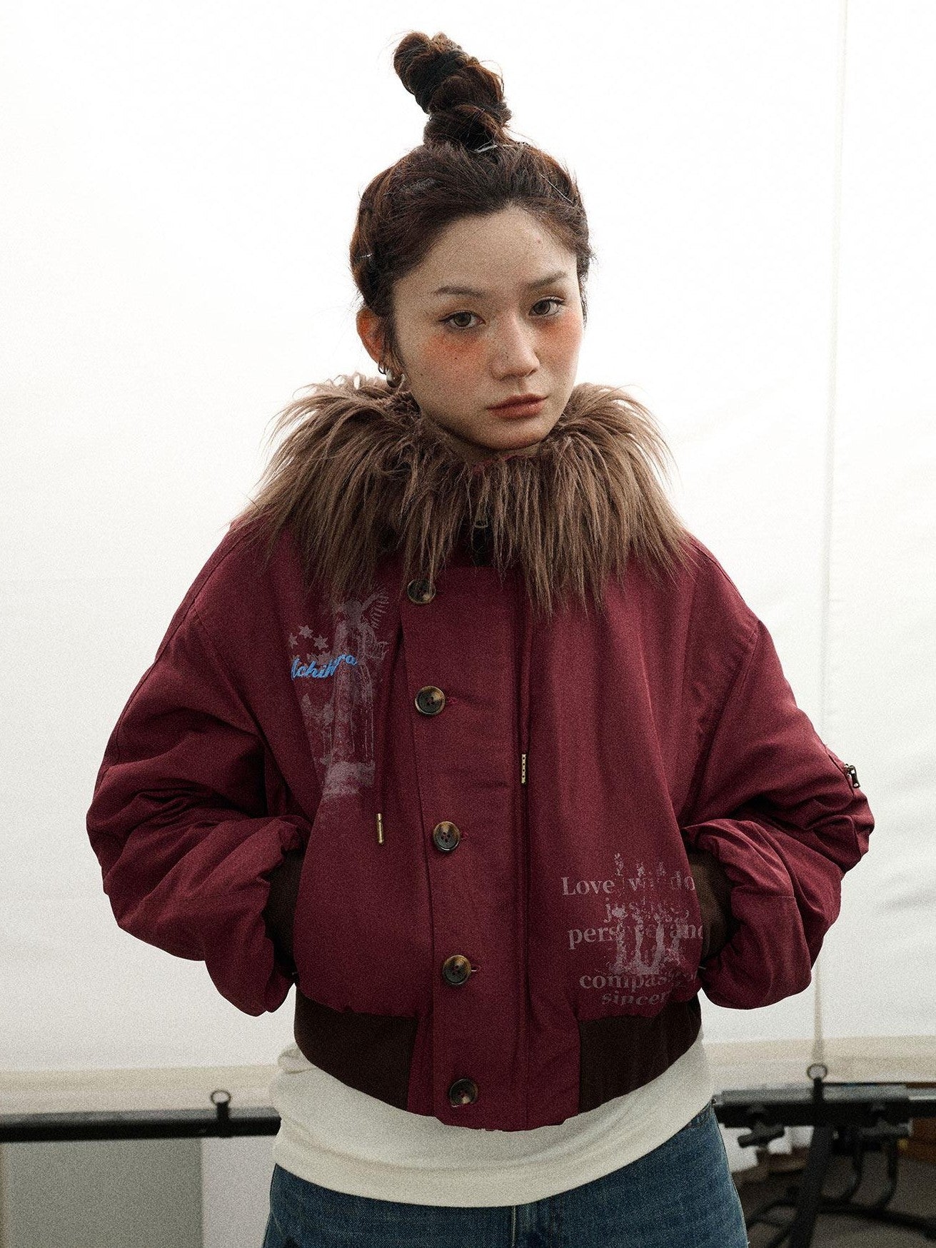 Achihara Fur Collar Hooded Zip Short Women'S Cotton Padded Puffer Jackets