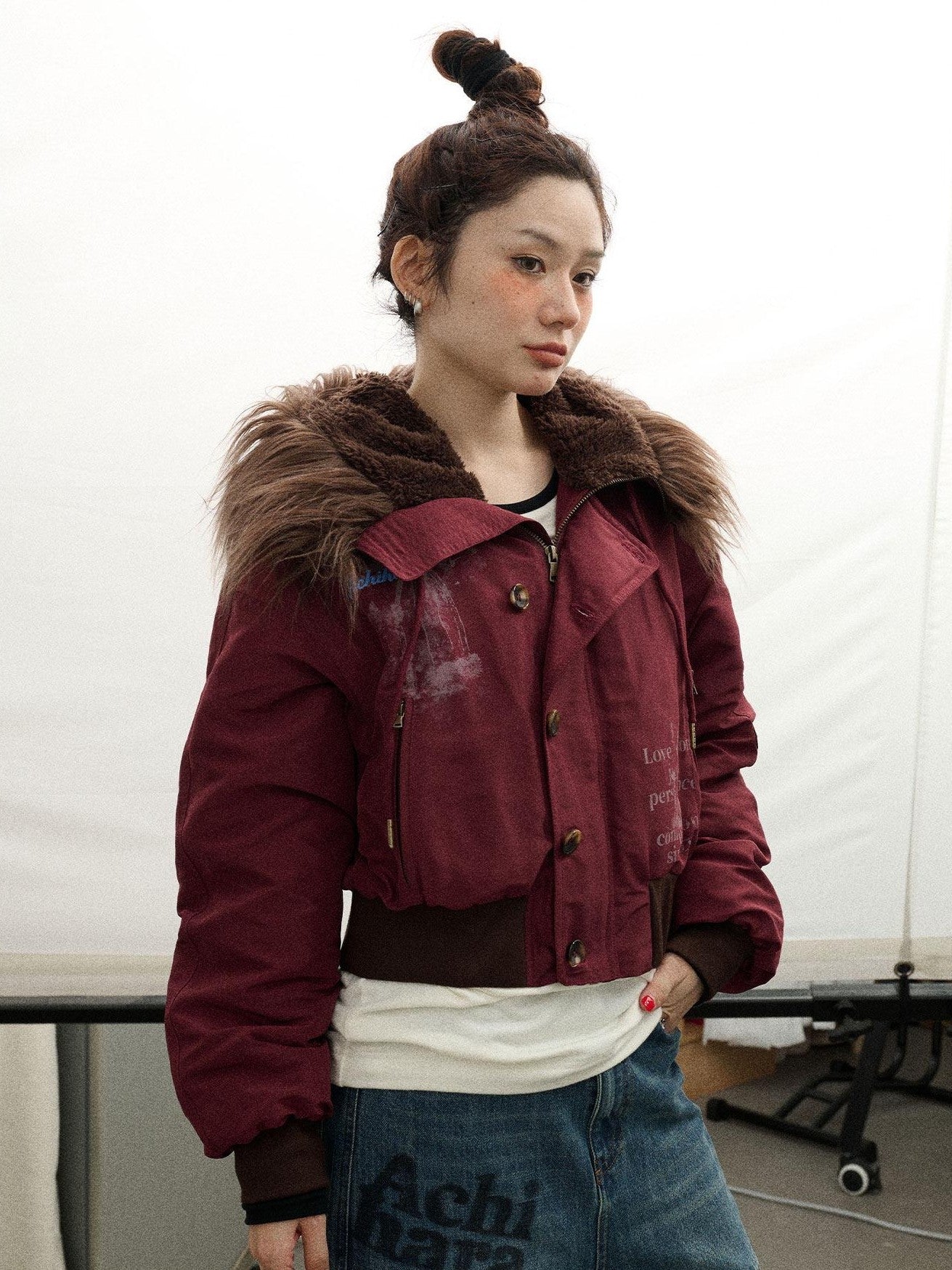 Achihara Fur Collar Hooded Zip Short Women'S Cotton Padded Puffer Jackets