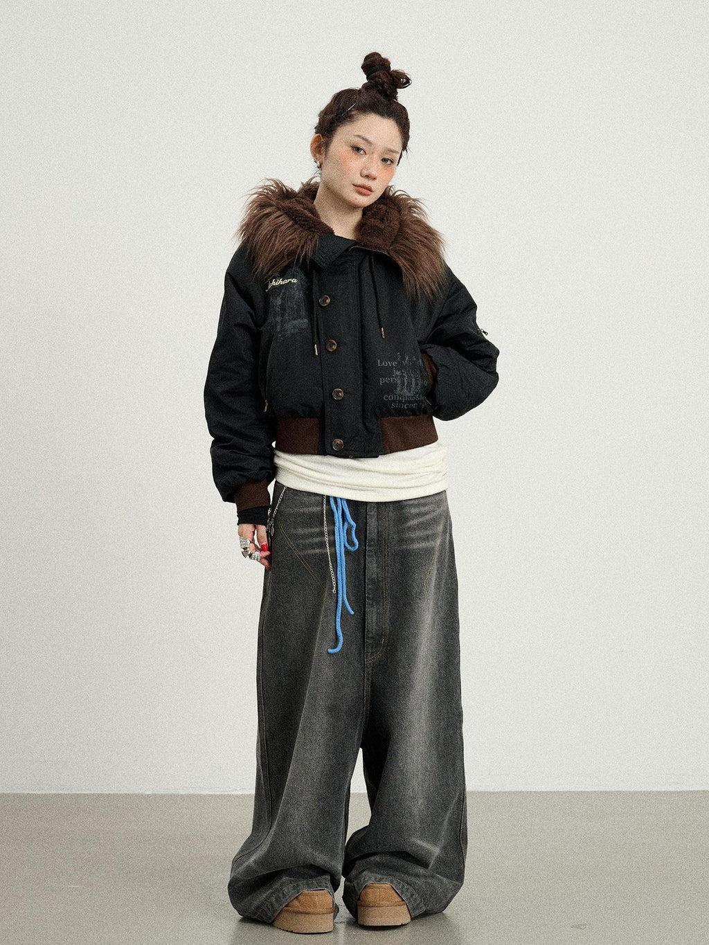 Achihara Fur Collar Hooded Zip Short Women'S Cotton Padded Puffer Jackets
