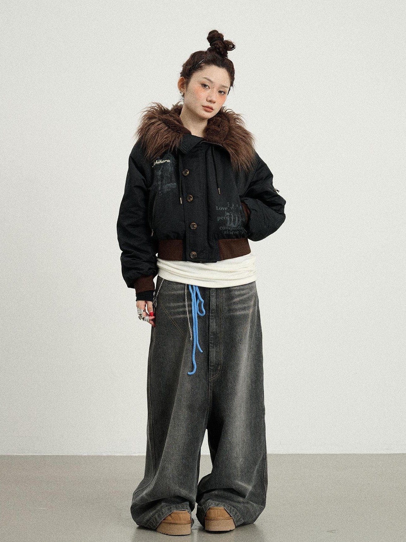 Achihara Fur Collar Hooded Zip Short Women'S Cotton Padded Puffer Jackets