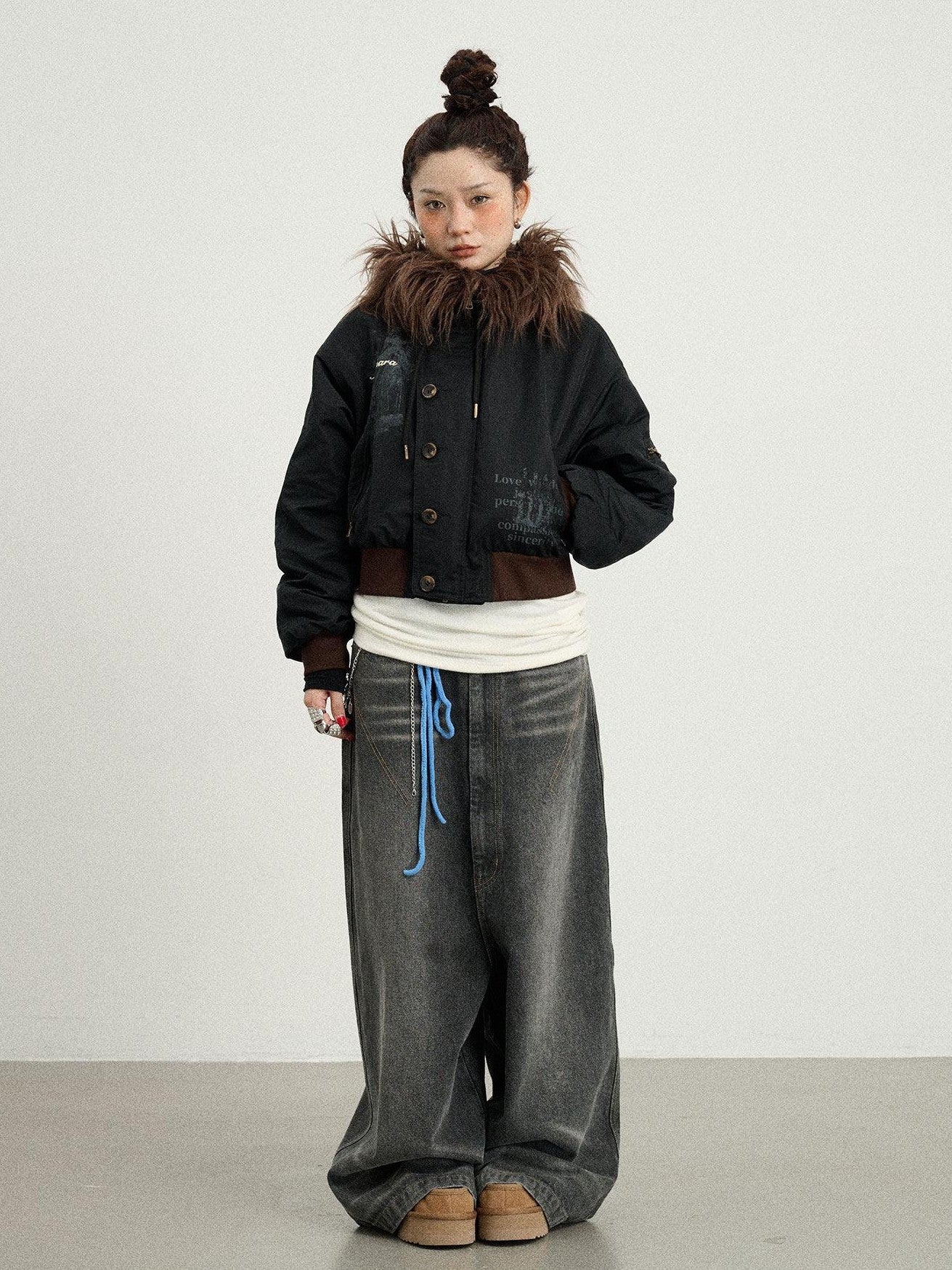 Achihara Fur Collar Hooded Zip Short Women'S Cotton Padded Puffer Jackets