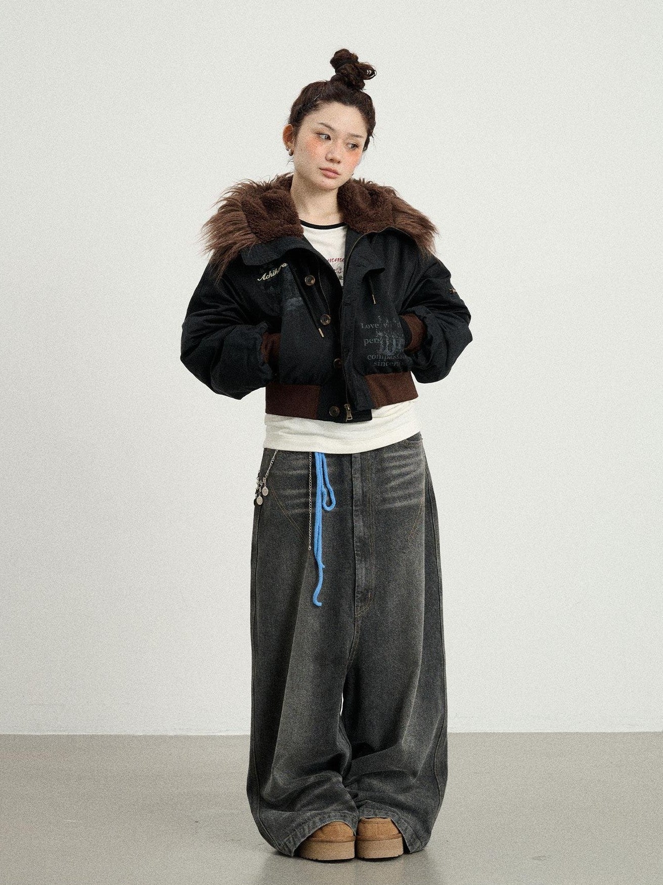 Achihara Fur Collar Hooded Zip Short Women'S Cotton Padded Puffer Jackets