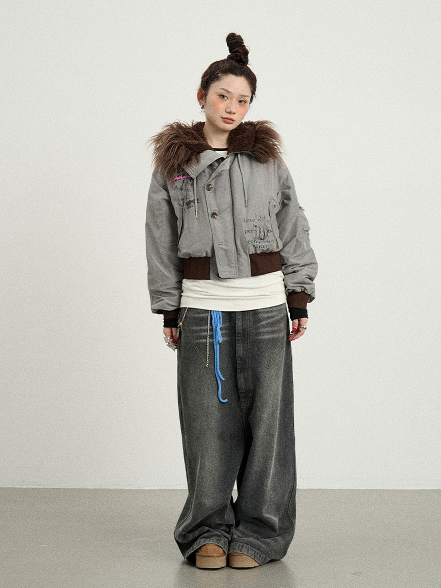 Achihara Fur Collar Hooded Zip Short Women'S Cotton Padded Puffer Jackets