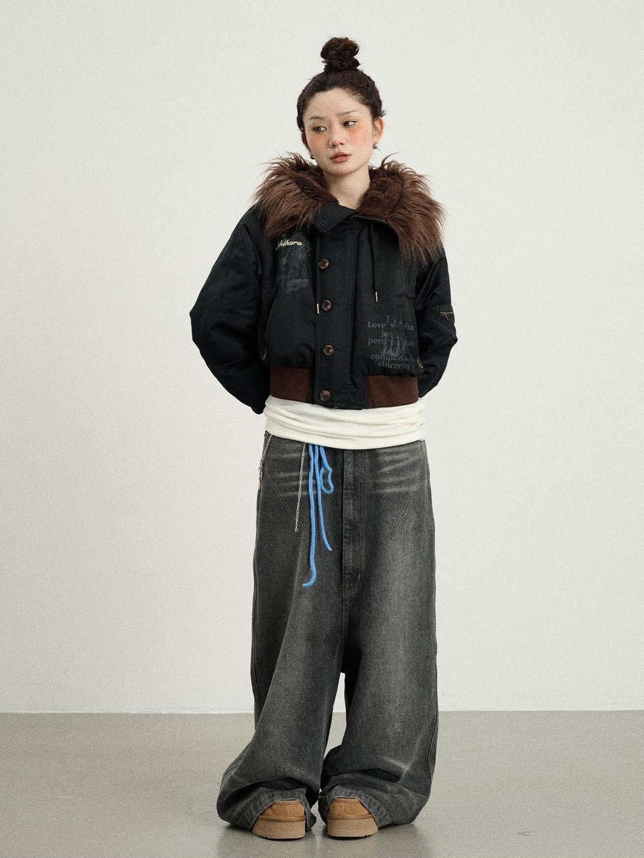 Achihara Fur Collar Hooded Zip Short Women'S Cotton Padded Puffer Jackets