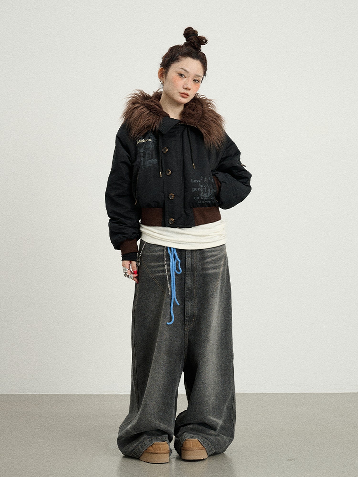 Achihara Fur Collar Hooded Zip Short Women'S Cotton Padded Puffer Jackets