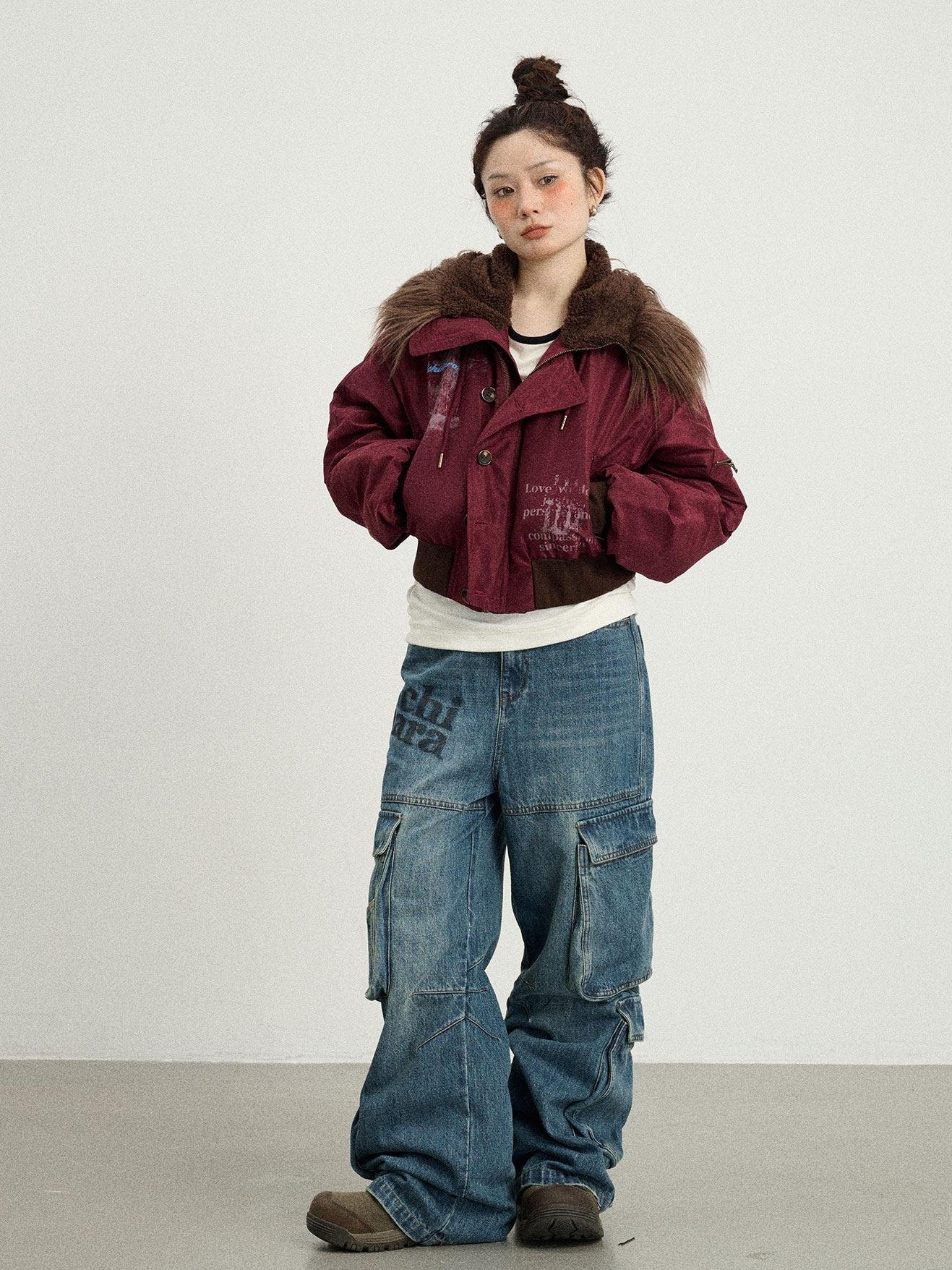 Achihara Fur Collar Hooded Zip Short Women'S Cotton Padded Puffer Jackets