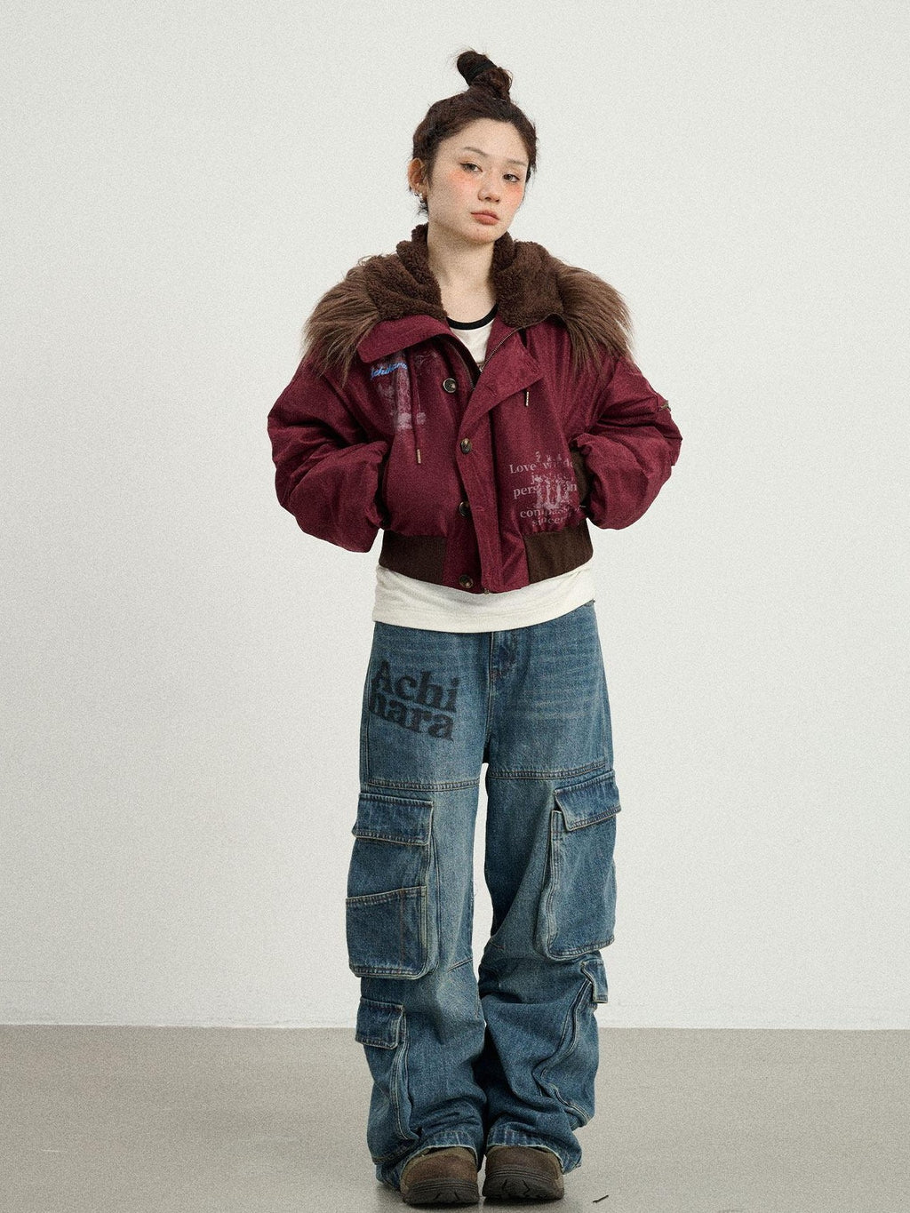 Achihara Fur Collar Hooded Zip Short Women'S Cotton Padded Puffer Jackets