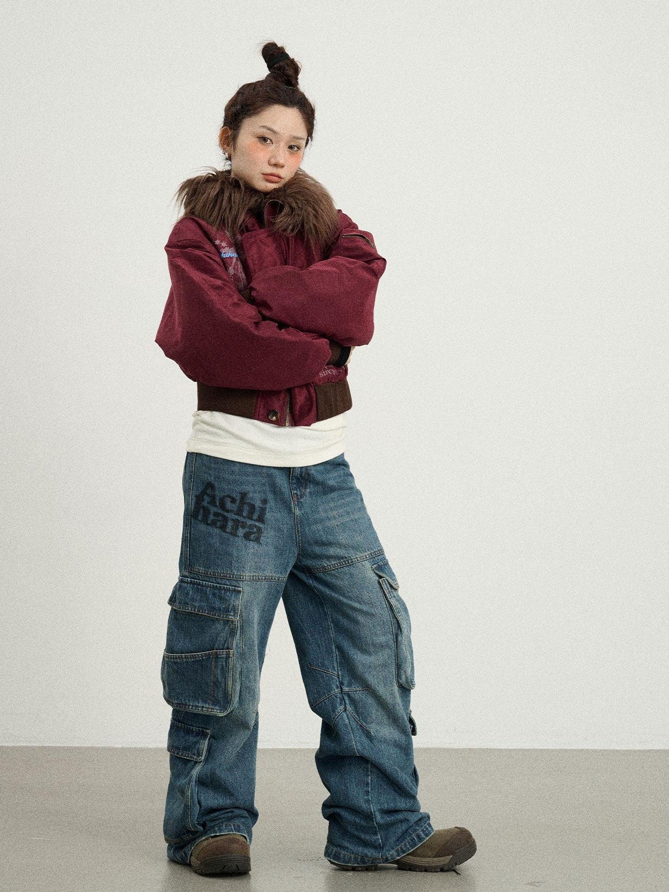 Achihara Fur Collar Hooded Zip Short Women'S Cotton Padded Puffer Jackets