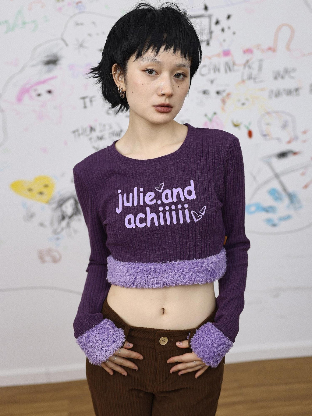 Achihara Fuzzy Trim Letter Print Cropped Women'S Knit Long Sleeve T-Shirts