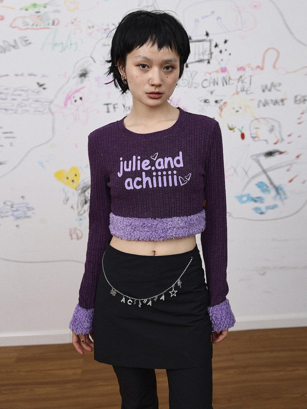 Achihara Fuzzy Trim Letter Print Cropped Women'S Knit Long Sleeve T-Shirts