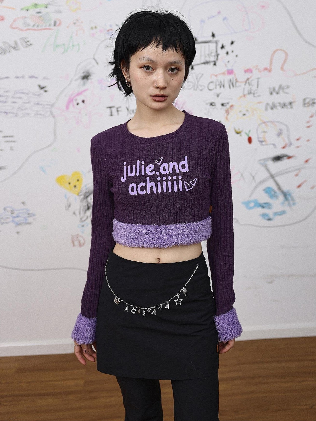 Achihara Fuzzy Trim Letter Print Cropped Women'S Knit Long Sleeve T-Shirts