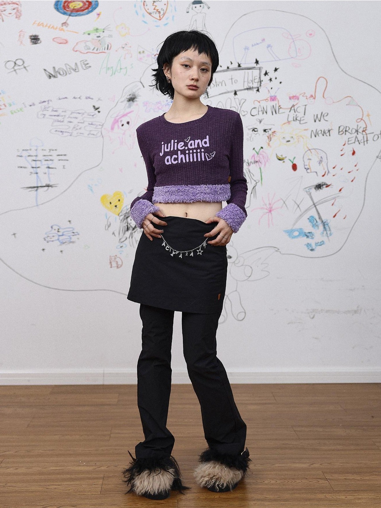 Achihara Fuzzy Trim Letter Print Cropped Women'S Knit Long Sleeve T-Shirts