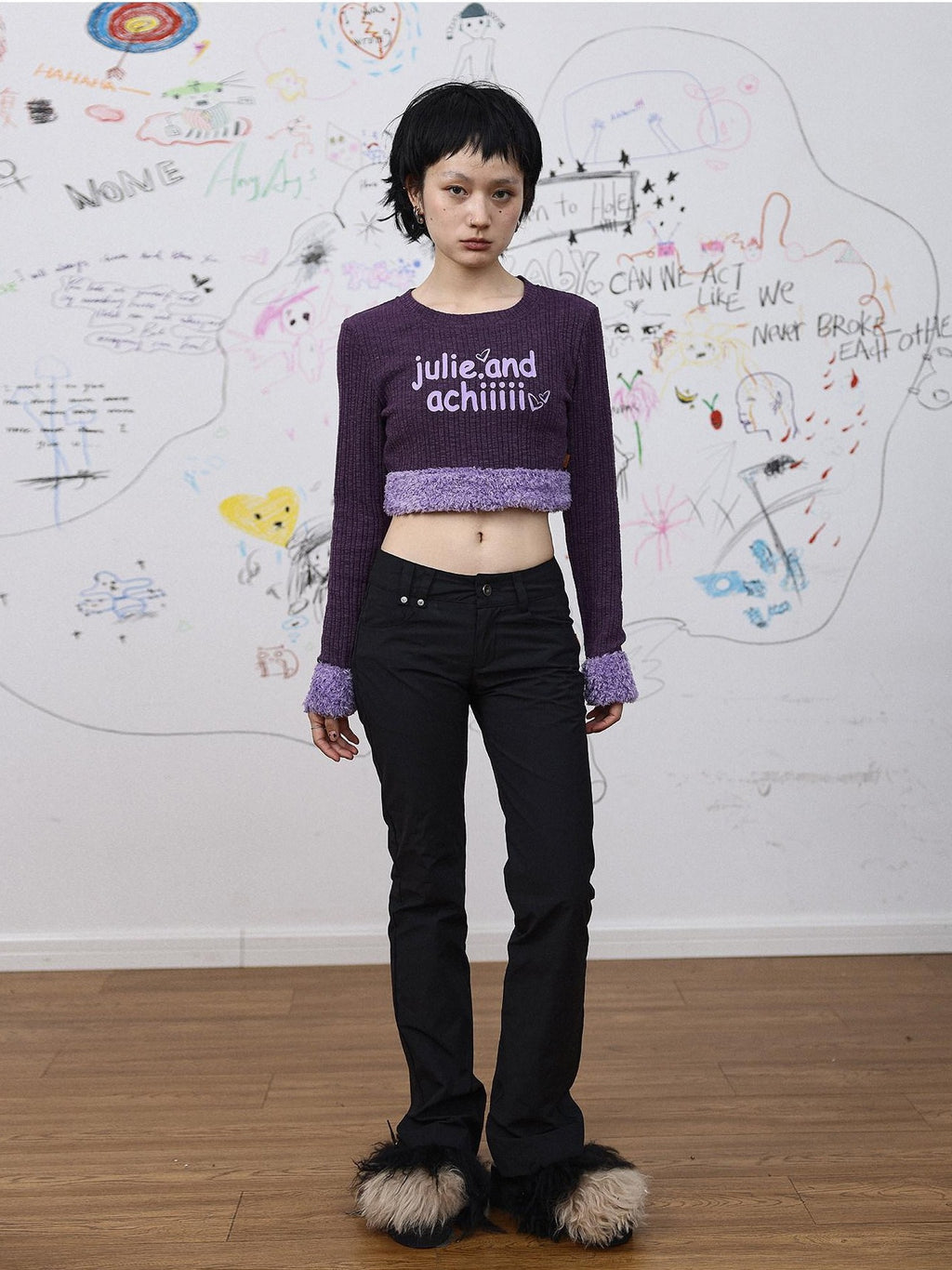 Achihara Fuzzy Trim Letter Print Cropped Women'S Knit Long Sleeve T-Shirts