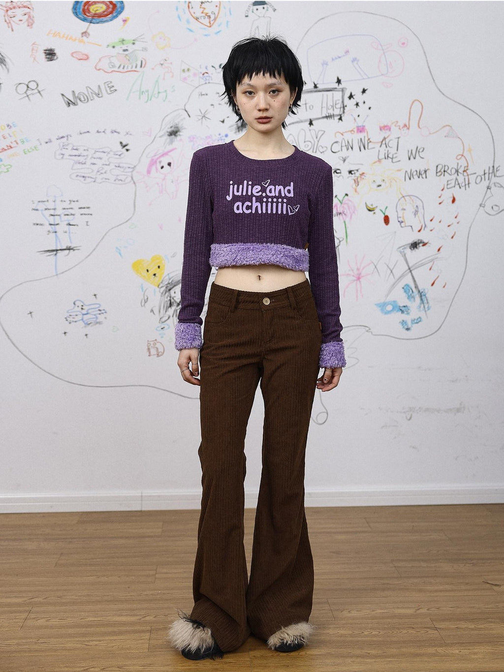 Achihara Fuzzy Trim Letter Print Cropped Women'S Knit Long Sleeve T-Shirts