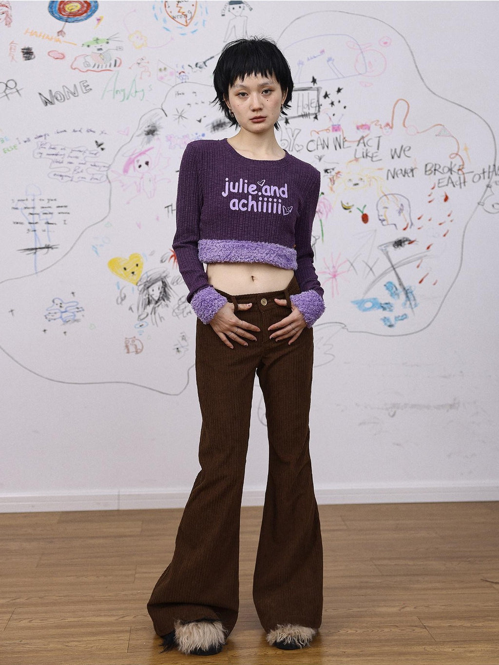 Achihara Fuzzy Trim Letter Print Cropped Women'S Knit Long Sleeve T-Shirts