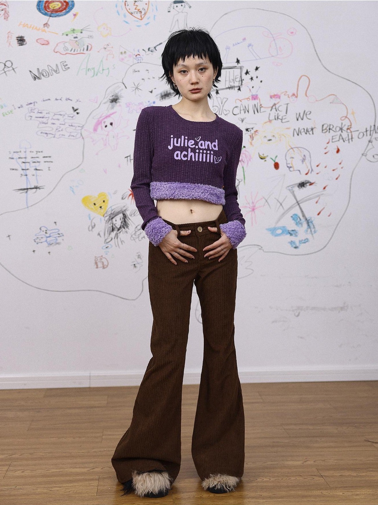 Achihara Fuzzy Trim Letter Print Cropped Women'S Knit Long Sleeve T-Shirts