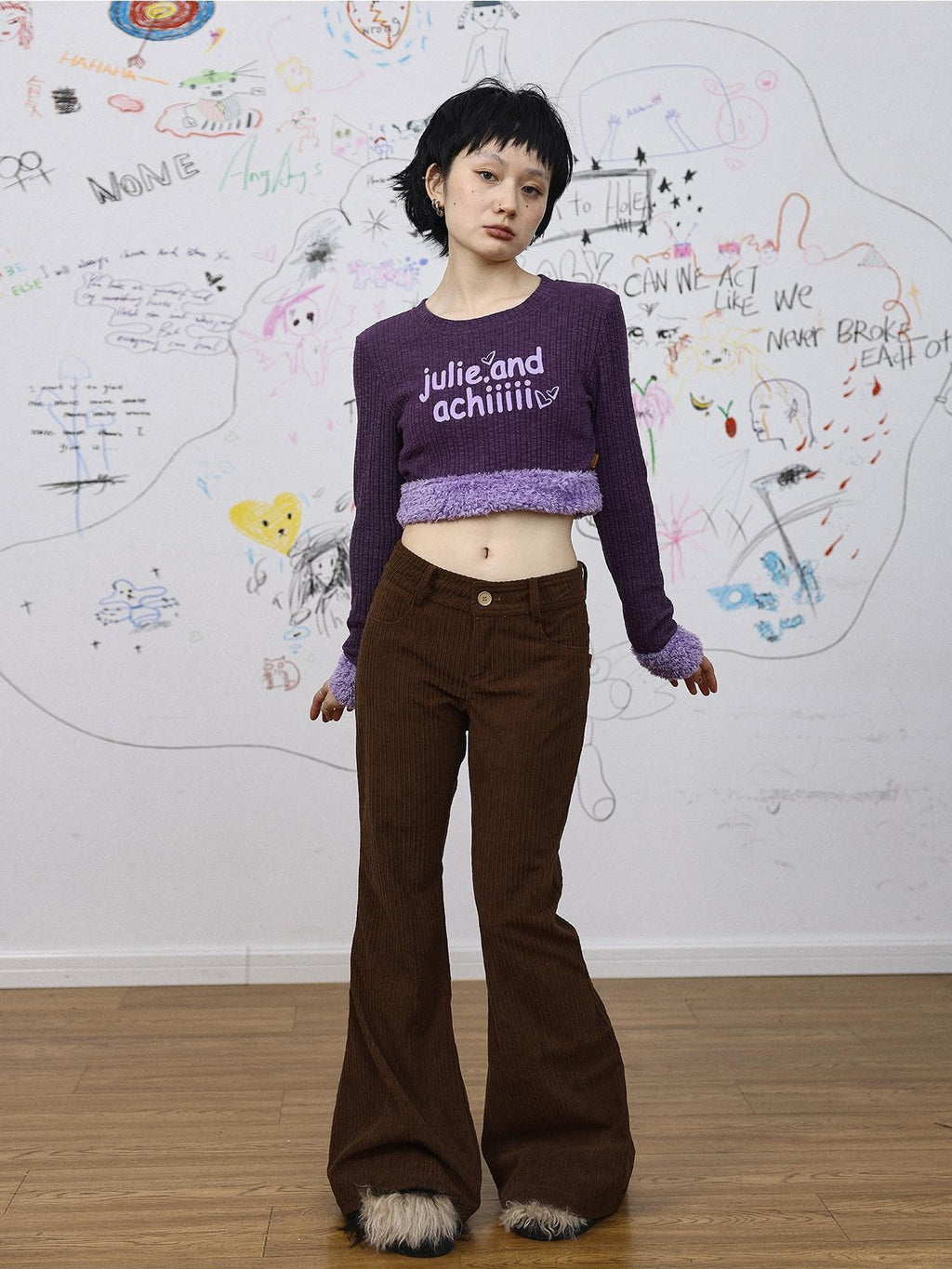 Achihara Fuzzy Trim Letter Print Cropped Women'S Knit Long Sleeve T-Shirts