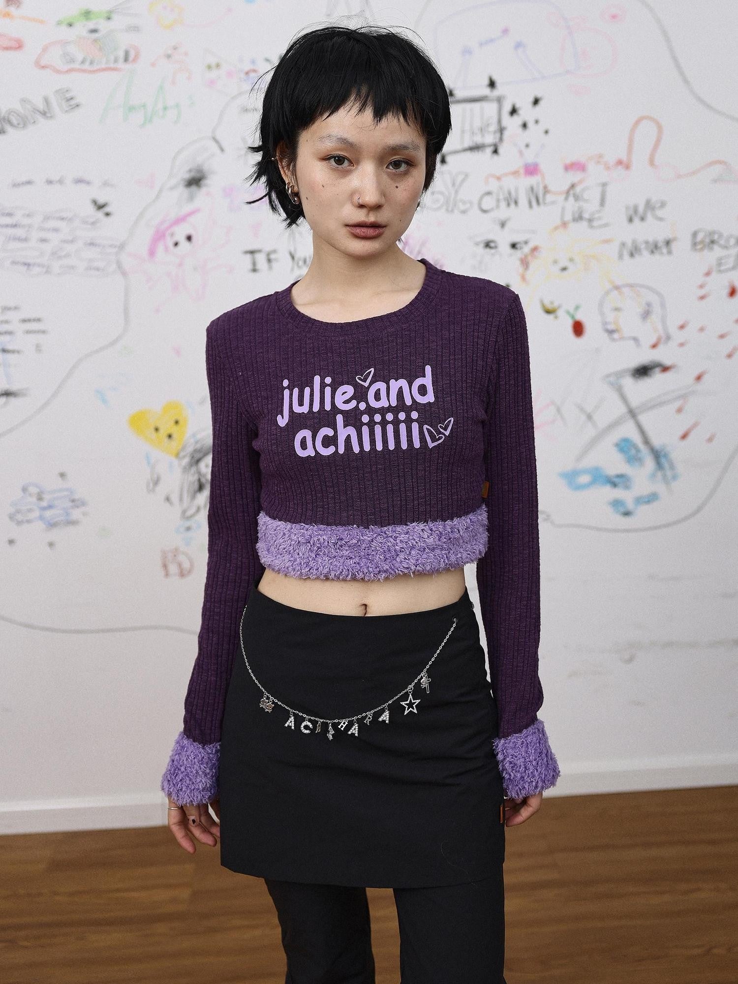 Achihara Fuzzy Trim Letter Print Cropped Women'S Knit Long Sleeve T-Shirts