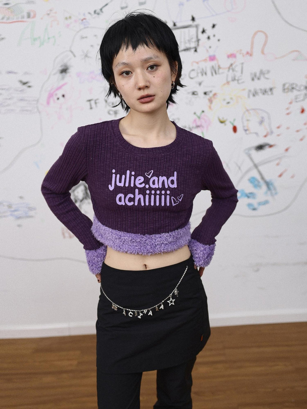 Achihara Fuzzy Trim Letter Print Cropped Women'S Knit Long Sleeve T-Shirts