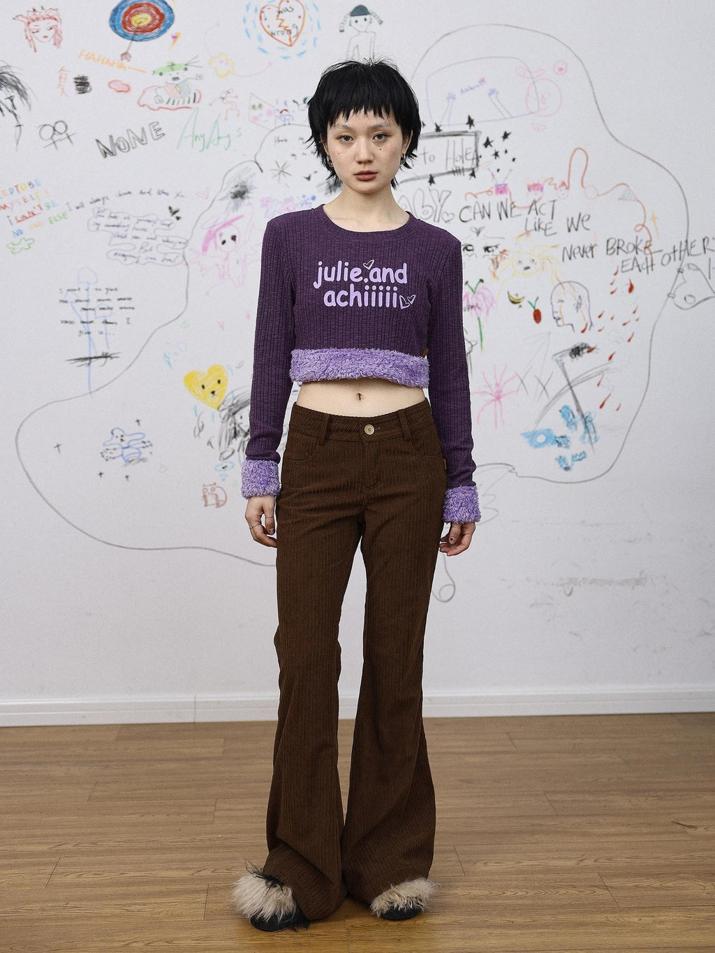 Achihara Fuzzy Trim Letter Print Cropped Women'S Knit Long Sleeve T-Shirts