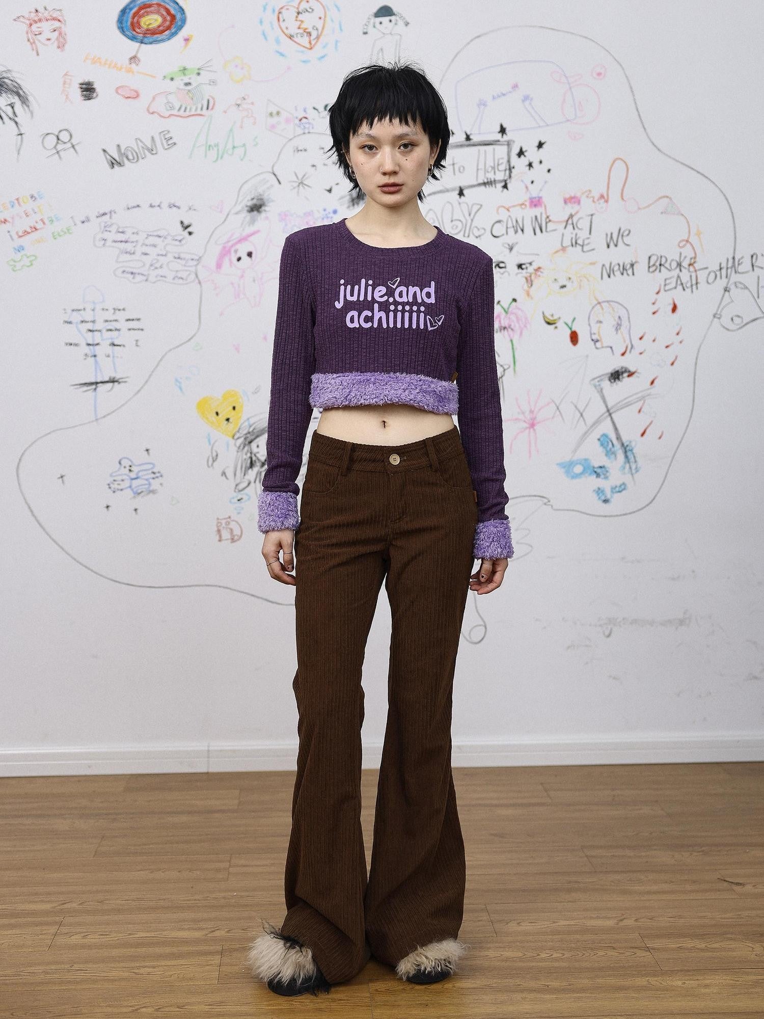 Achihara Fuzzy Trim Letter Print Cropped Women'S Knit Long Sleeve T-Shirts