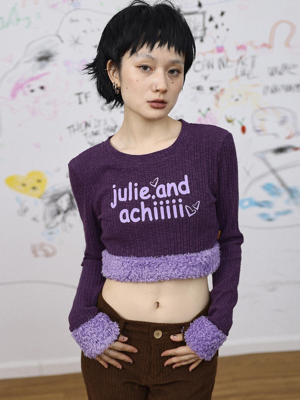 Achihara Fuzzy Trim Letter Print Cropped Women'S Knit Long Sleeve T-Shirts