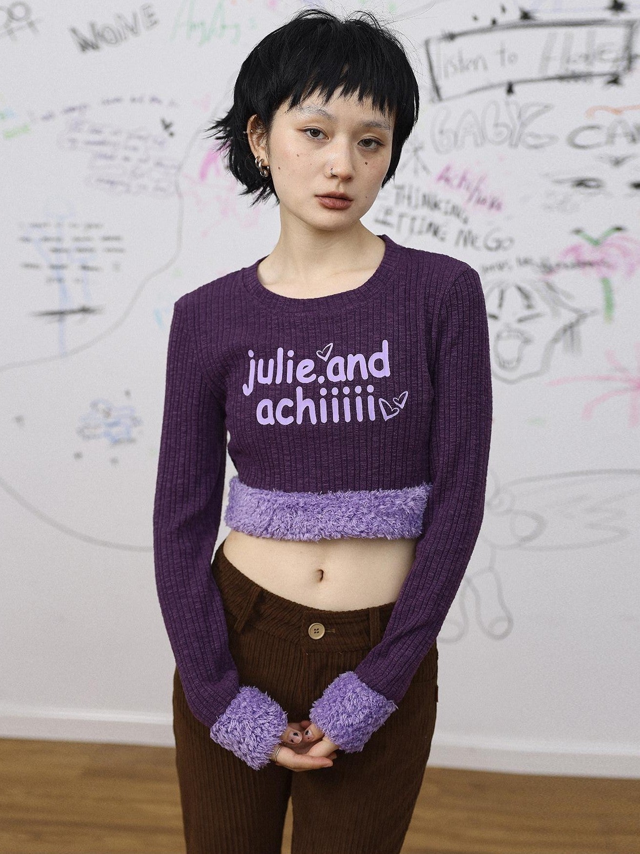 Achihara Fuzzy Trim Letter Print Cropped Women'S Knit Long Sleeve T-Shirts
