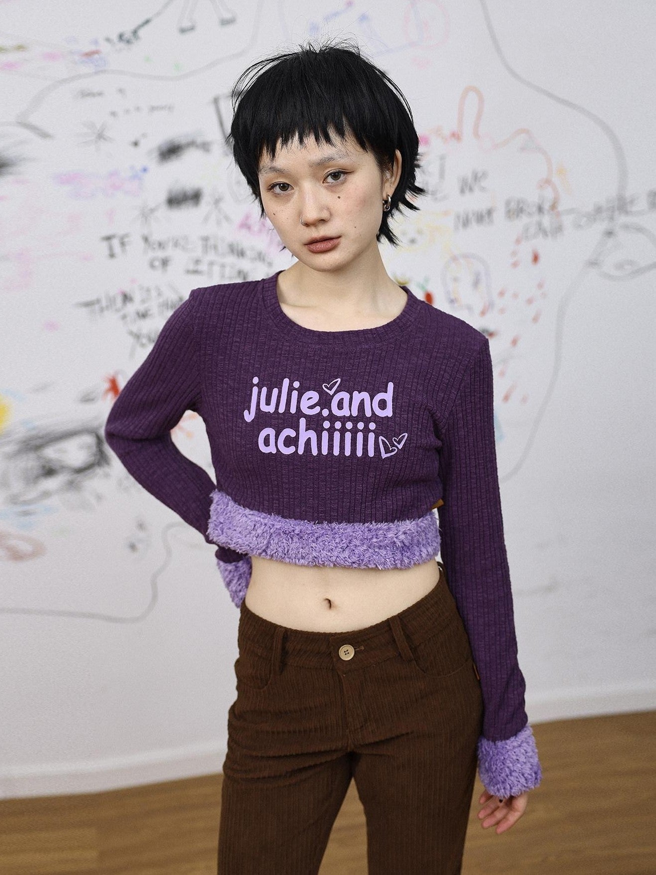 Achihara Fuzzy Trim Letter Print Cropped Women'S Knit Long Sleeve T-Shirts