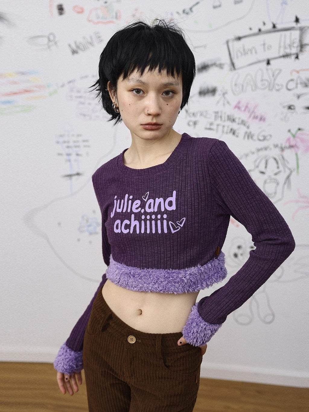 Achihara Fuzzy Trim Letter Print Cropped Women'S Knit Long Sleeve T-Shirts