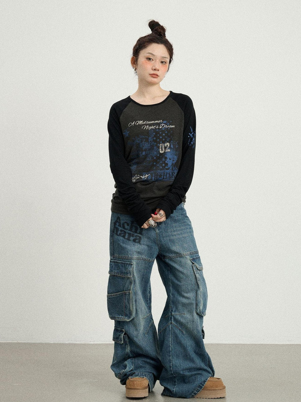 Achihara Galaxy Colorblock Round Neck Women'S Viscose Blend Long Sleeve T-Shirts