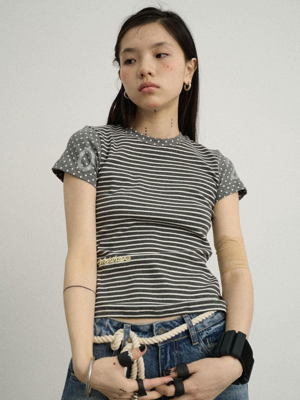 Achihara Glitch Stripe Dot Patchwork Cross Print Women'S Cotton Short Sleeve T-Shirts