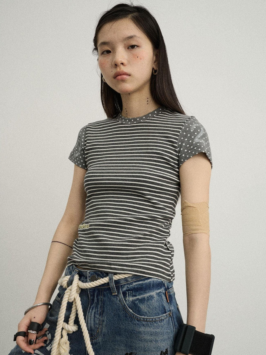Achihara Glitch Stripe Dot Patchwork Cross Print Women'S Cotton Short Sleeve T-Shirts