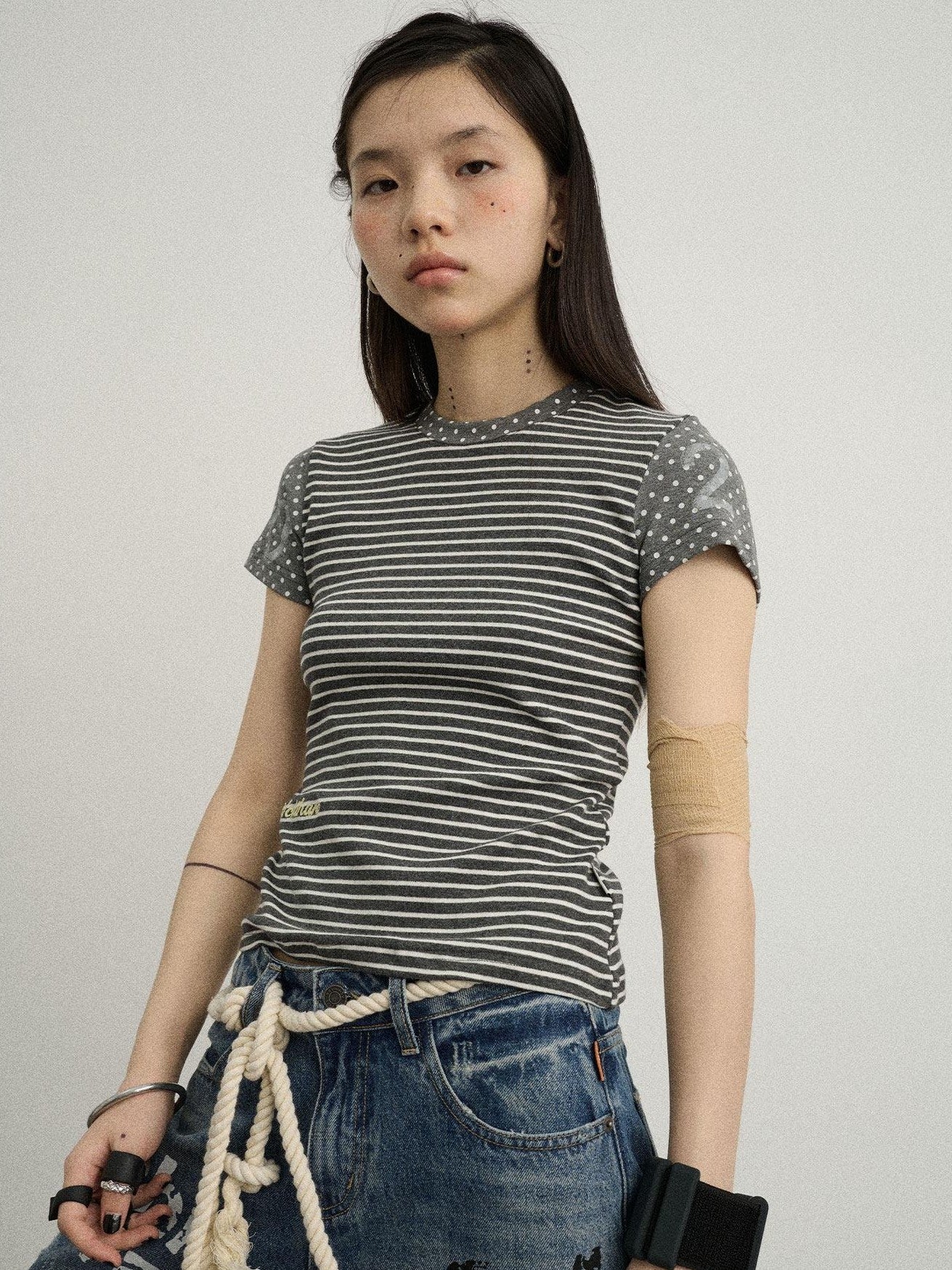 Achihara Glitch Stripe Dot Patchwork Cross Print Women'S Cotton Short Sleeve T-Shirts