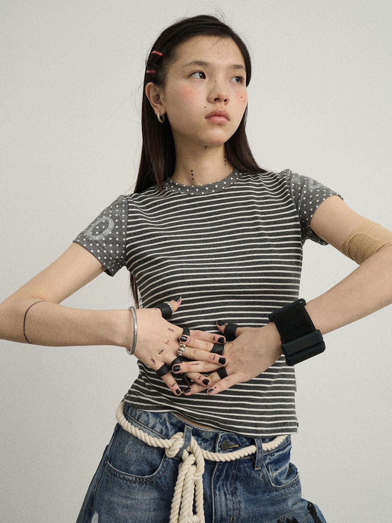 Achihara Glitch Stripe Dot Patchwork Cross Print Women'S Cotton Short Sleeve T-Shirts