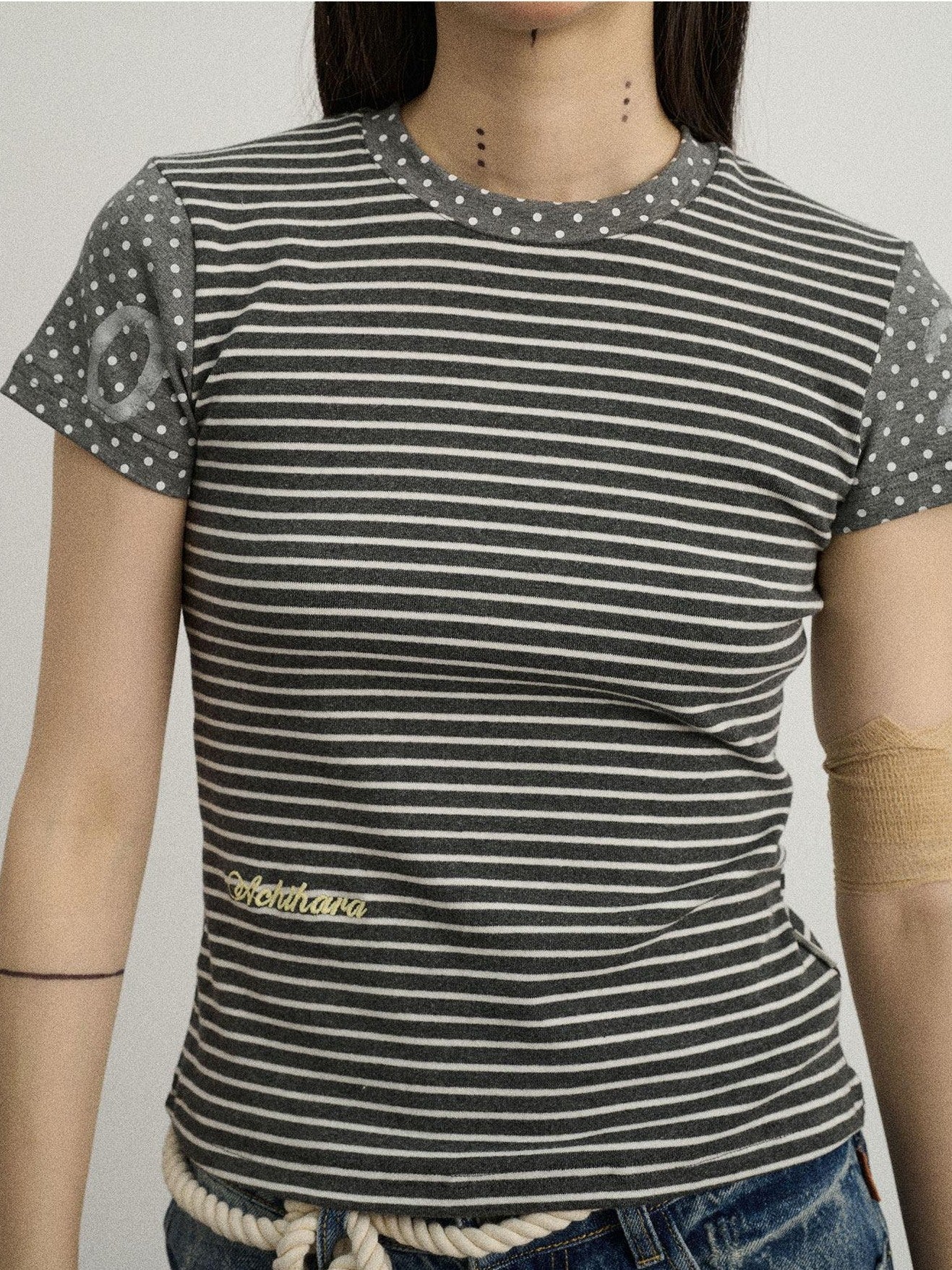 Achihara Glitch Stripe Dot Patchwork Cross Print Women'S Cotton Short Sleeve T-Shirts