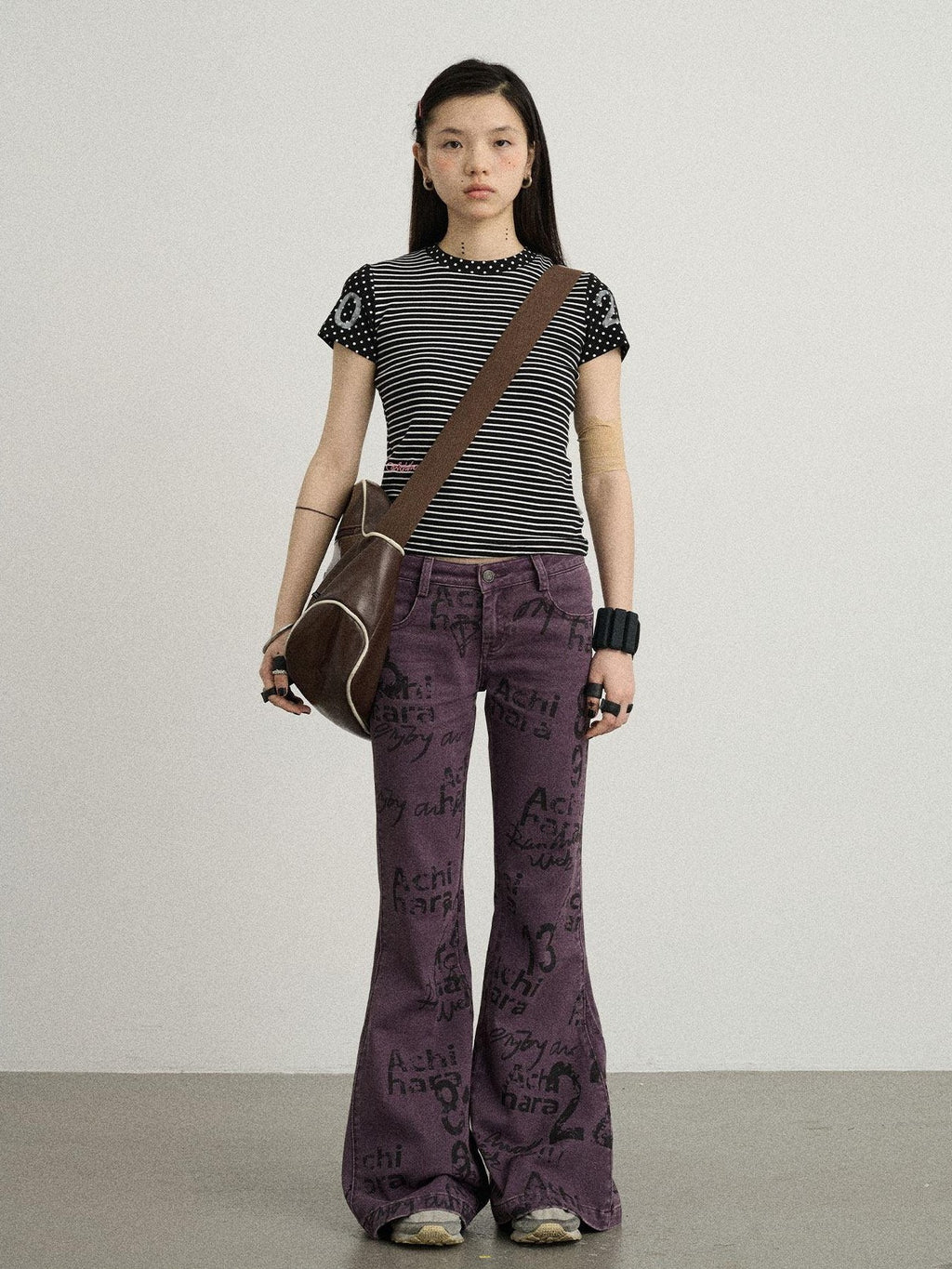 Achihara Glitch Stripe Dot Patchwork Cross Print Women'S Cotton Short Sleeve T-Shirts